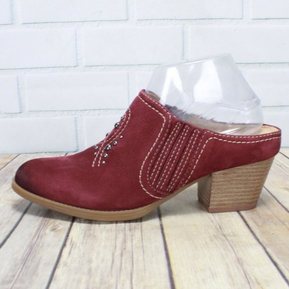 Earth Shoes - Earth Mendon Red Leather Slip On Heeled Mules Clogs Size 8.5 B